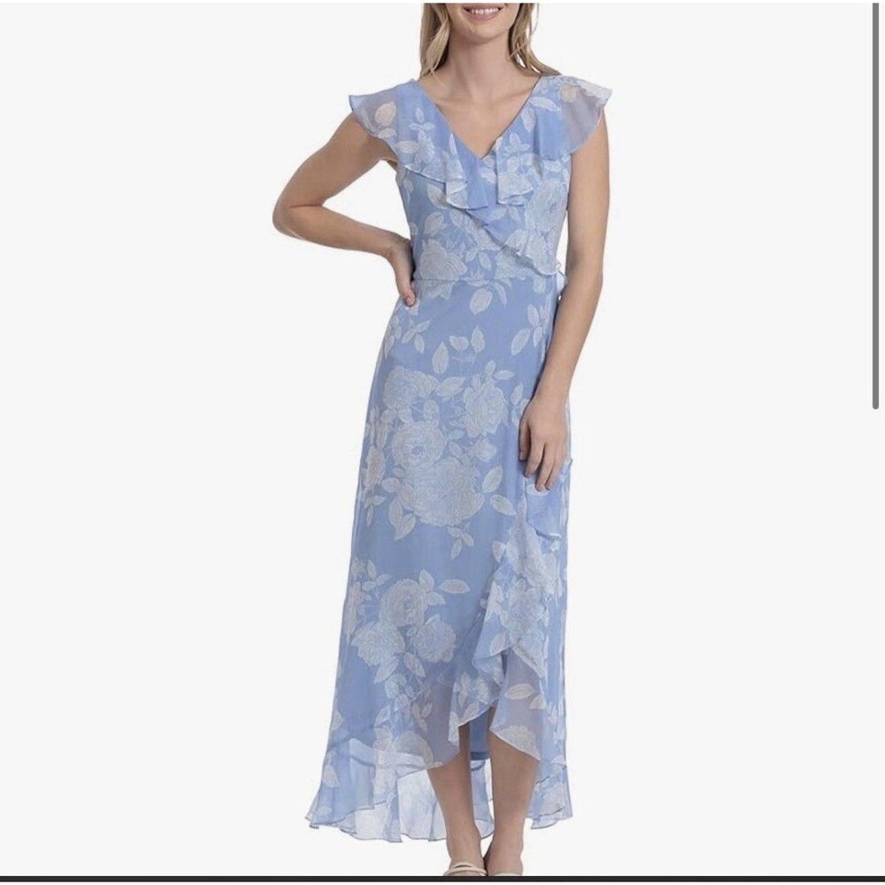 NWT London Times Chiffon Faux Wrap Ruffle Maxi Dress Blue Floral Sz 10 High Low
